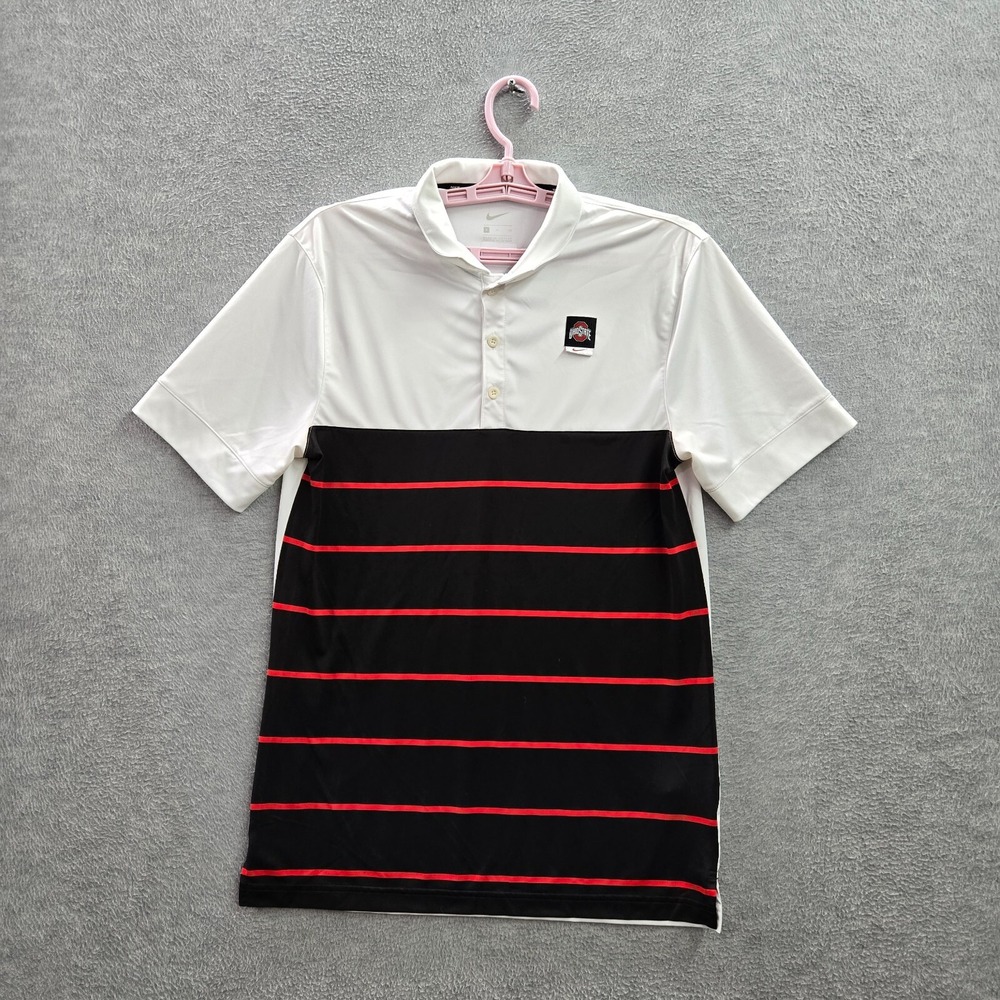Ohio State Buckeyes Men Polo Shirt S Black White Nike Striped Swoosh Logo Collar